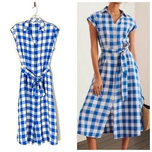 Boden Cassidy Bright Blue Gingham Linen Shift Shirt Dress US 6R